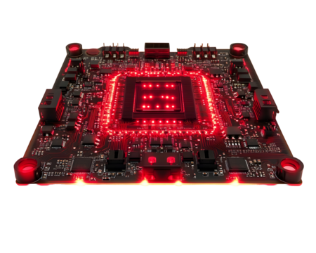 Advanced computer chip with glowing red circuits, representing innovation in digital electronics.