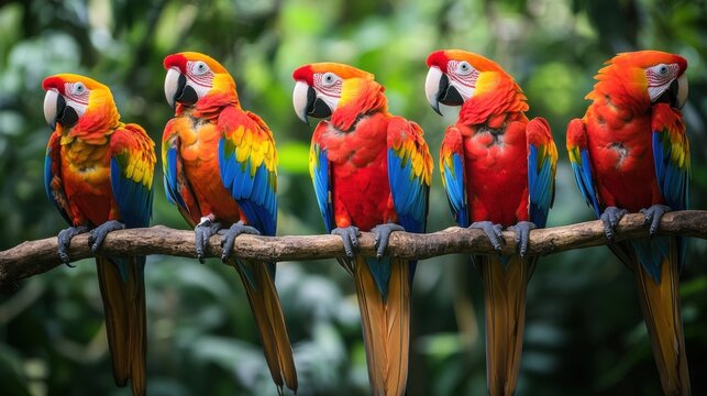 A group of colorful parrots perched on tropical branches, lush green jungle in the background.