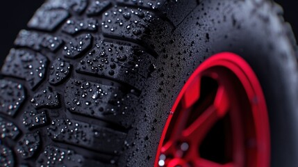 Close-up of wet tire with red rim