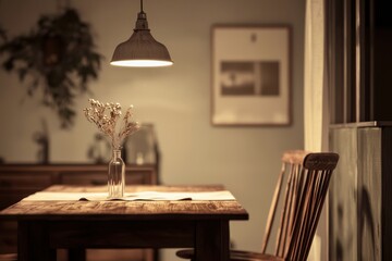 Cozy dining table with a vase of dried flowers and warm lighting in a serene room