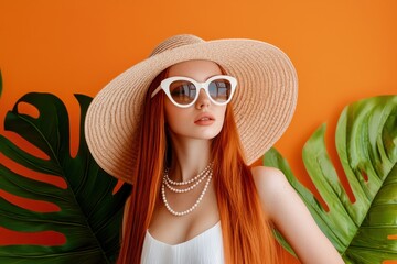 Fototapeta premium Stylish woman with long red hair wearing sunglasses and a sun hat against an orange background