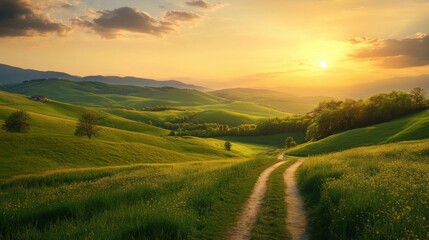 Obraz premium Rolling green hills stretching under a golden sunset with scattered trees and a dirt path leading into the horizon