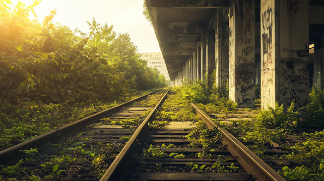 Overgrown abandoned railway tracks beside a graffiti-covered structure, illuminated by warm sunlight in an urban decay setting