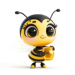 Cute cartoon bee holding honey pot, white background, children's book illustration
