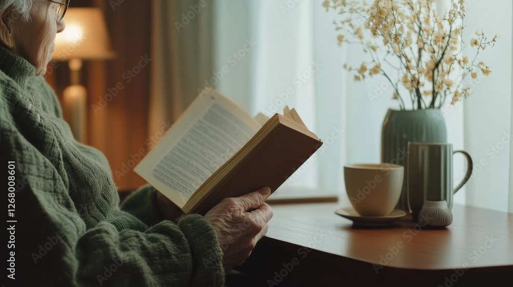 Aufkleber elderly person enjoying a quiet moment with a book and a warm drink by the window in a cozy room dur