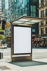 Empty bus stop shelter on busy city street surrounded by tall buildings