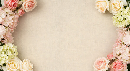 Elegant floral frame pastel roses hydrangeas beige background pink soft on transparent background