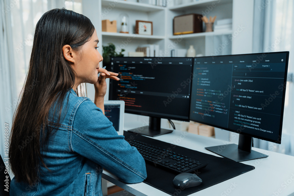 Poster young asian it developer looking online information on pc for beautiful pose with coding program dat
