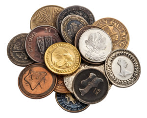 An assortment of coins, symbolizing wealth, savings, and financial transactions.