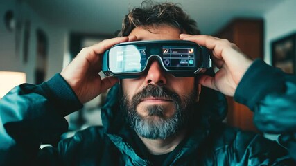 A man engages with innovative technology while wearing smart glasses, immersed in a modern environment, showcasing functionality and design