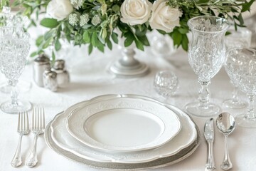 Elegant dinner table setting with floral centerpiece and fine dinnerware prepared for a special occasion. Generative AI