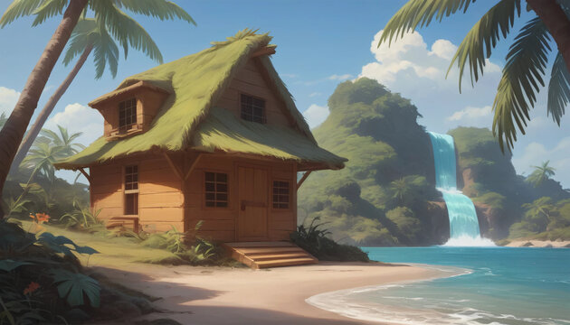 Idyllic tropical beach scene with a charming wooden hut surrounded by lush greenery and palm trees, featuring a cascading waterfall into a clear blue body of water under a bright, clear sky