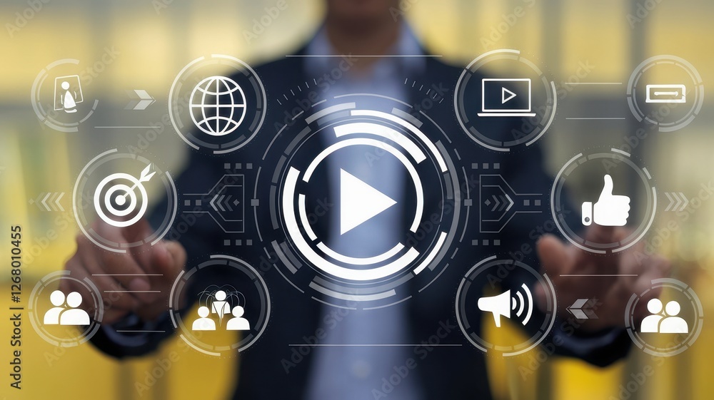 Aufkleber man touches interactive video marketing interface with various connected icons