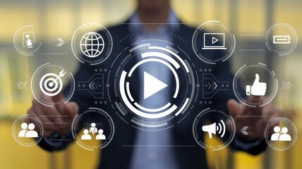 Fototapeta premium Man touches interactive video marketing interface with various connected icons