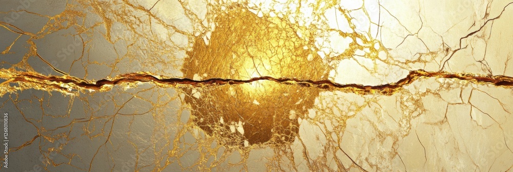 Poster intricate golden pattern on a textured surface resembling a celestial body with radiant lines. gener