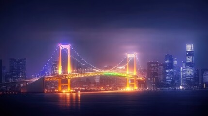 Naklejka premium A vibrant cityscape featuring a brightly lit bridge at night.