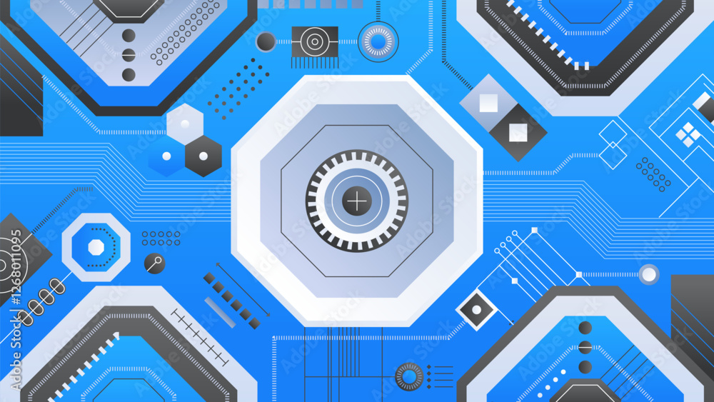 Poster modern tech background. abstract digital background with geometric shapes and circuits in blue and g