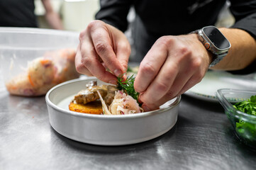 A chef expertly garnishes a dish with fresh herbs in a modern kitchen. The focus is on attention to detail and culinary presentation, showcasing a creative approach to fine dining.