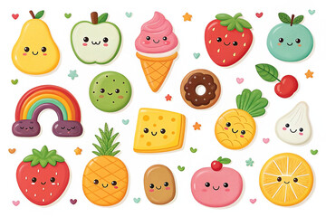 Cute cartoon fruit, dessert, and rainbow set on white background for kids' design