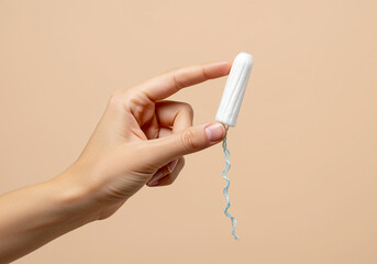 Tampon held in hand. Close-up of tampon for feminine hygiene. Woman holding tampon