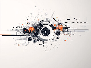 An abstract geometric design with circular elements lines and splashes of orange on a white background
