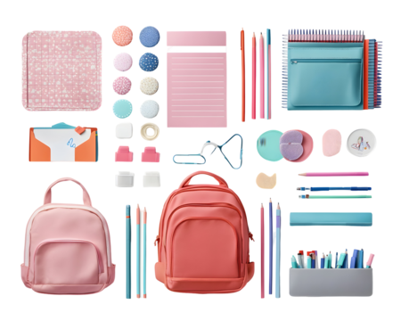 Back-to-school set featuring stationery, backpacks, and supplies neatly arranged.