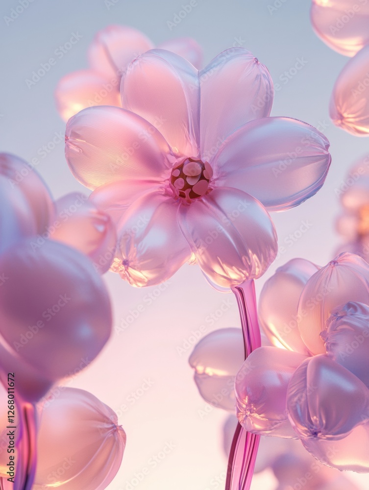 Poster colorful translucent flowers with a soft lighting effect create a dreamy atmosphere. generative ai