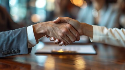 A handshake agreement between a businessman and businesswoman at a group board meeting, signifying a successful partnership