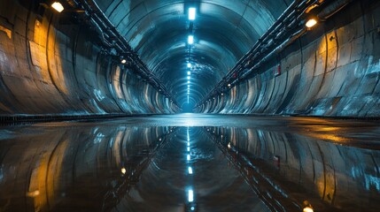 Naklejka premium Wet Tunnel Interior Reflection City Infrastructure