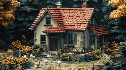 Obraz premium Rustic cottage, autumn forest, chickens, sunflowers, garden, fairytale setting, home d?cor