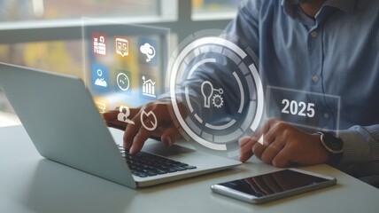 Man working on laptop with futuristic technology interface overlay
