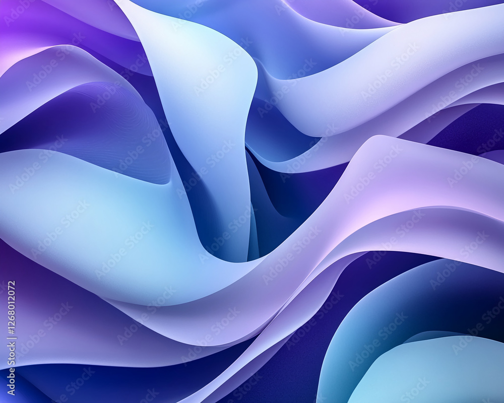 Poster abstract fluid waves in soft purple and blue tones, showcasing smooth curves and gradients that symb