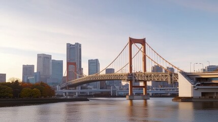 Obraz premium Scenic view of a bridge with city skyline and water at sunset.