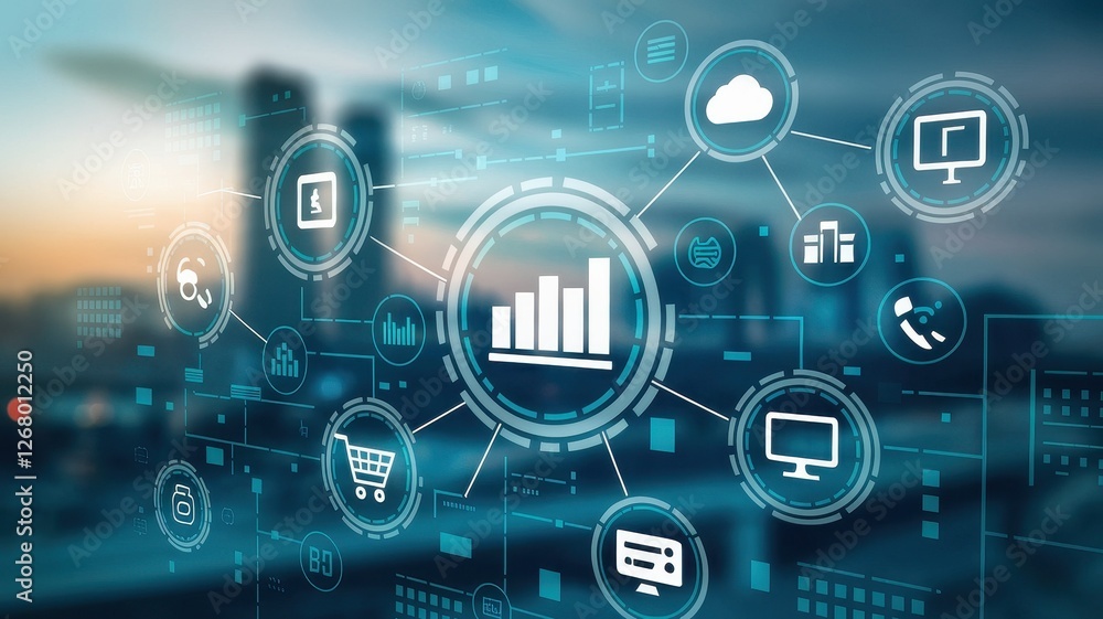 Poster digital network and data connections over a blurred cityscape background