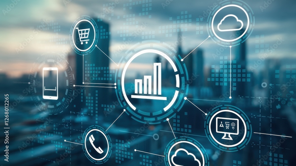 Poster digital icons representing business functions overlaying an urban background