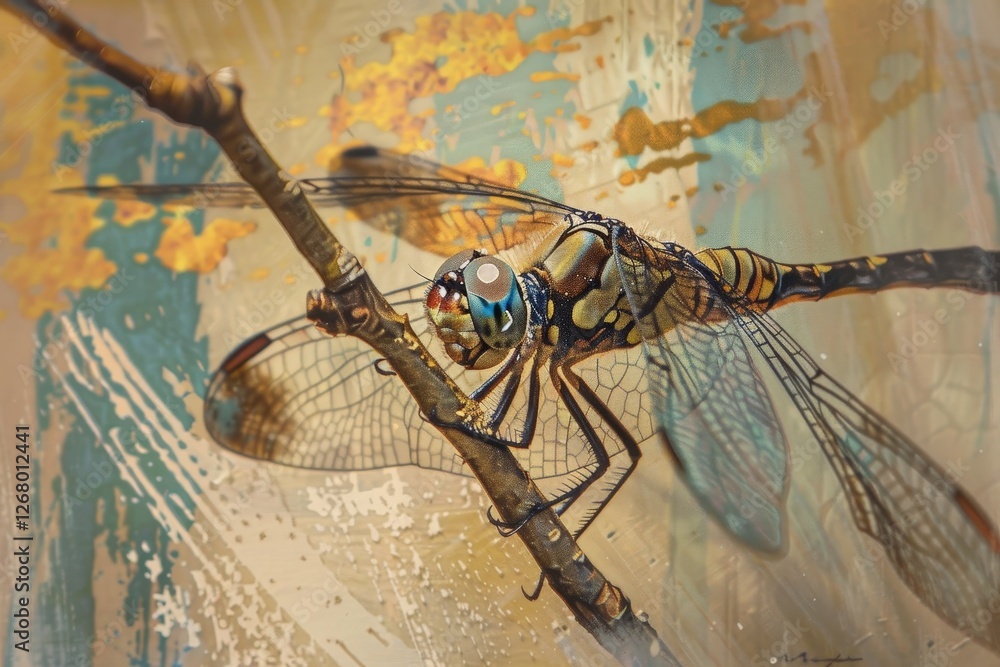 Aufkleber close-up view of a dragonfly perched on a branch showcasing intricate details in its wings and vibra