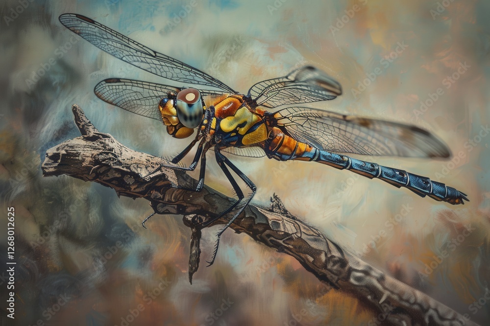 Aufkleber close-up view of a dragonfly perched on a branch showcasing intricate details in its wings and vibra