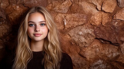 Naklejka premium Young woman with long blonde hair poses against a rustic stone wall. Warm tones and natural beauty.