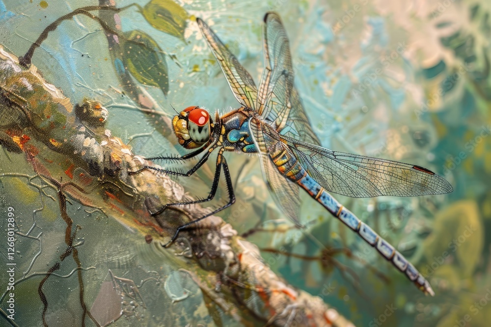 Poster Close-up view of a dragonfly perched on a branch showcasing intricate details in its wings and vibrant colors