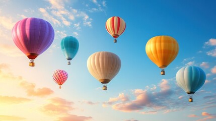 Naklejka premium Hot air balloons ascend into a pastel sky at dawn with golden shades illuminating the clouds creating a magical atmosphere of joy