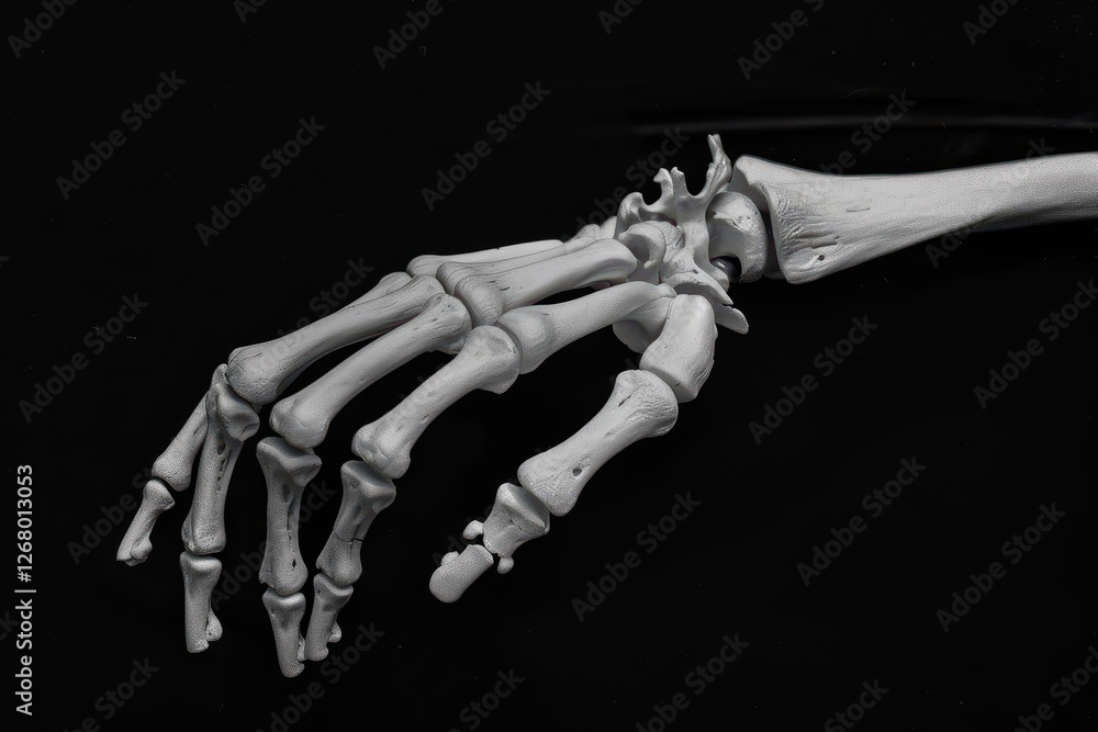 Poster Detailed view of a human hand skeleton showcasing the intricate bone structure and joints against a dark background