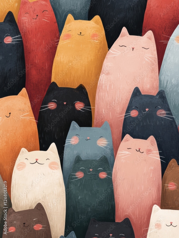 Poster colorful array of cute cartoon cats gathered in a playful pattern, showcasing various designs and ex