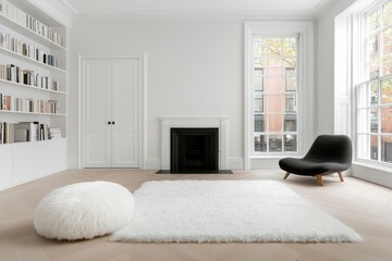 Bright minimalist living room with black chair and white decor