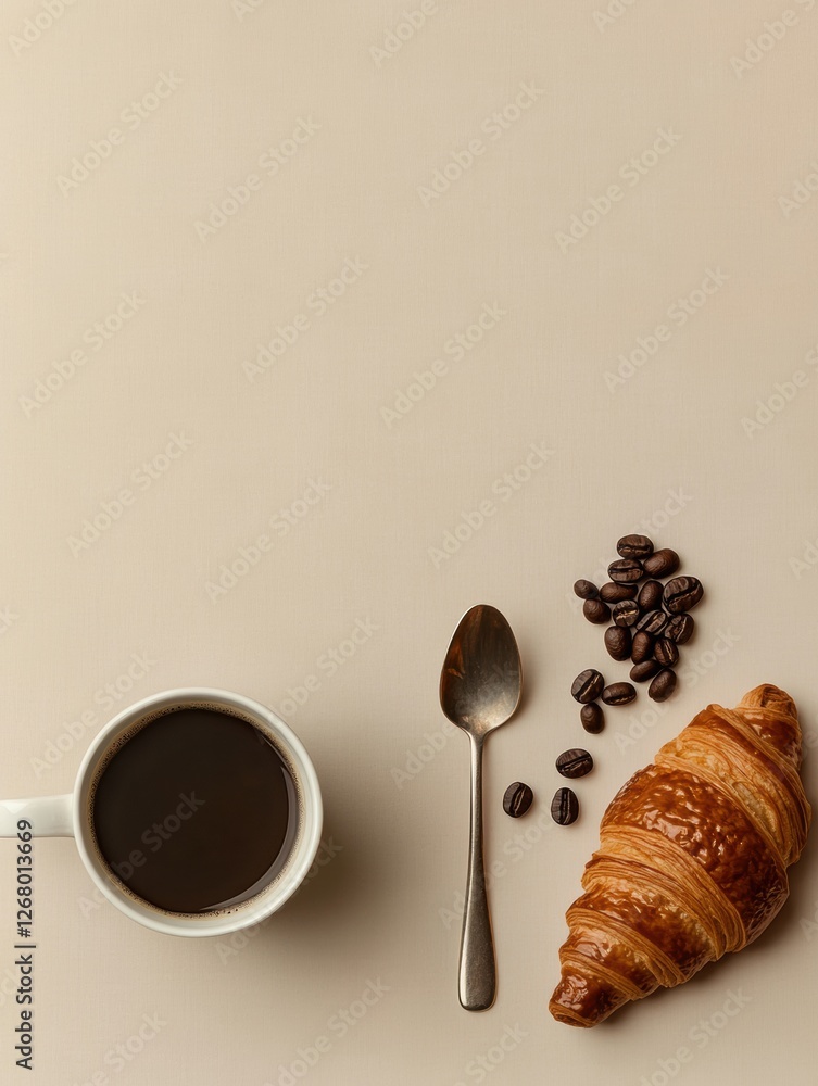 Poster freshly brewed coffee and a warm croissant on a neutral surface with coffee beans and a spoon to com