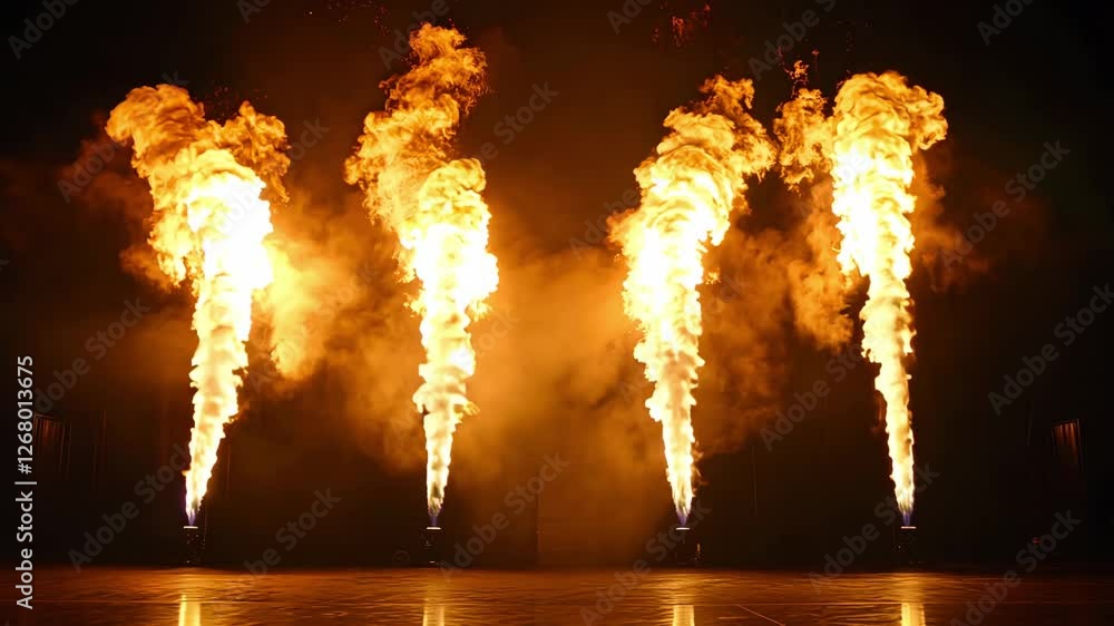 Poster display of vibrant flames erupting from ground level creating dramatic backdrop for a concert show