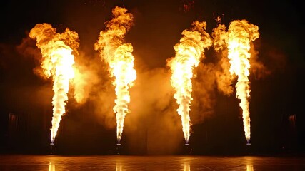 Display of vibrant flames erupting from ground level creating dramatic backdrop for a concert show
