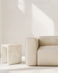 Minimalist interior beige modern leather modular sofa with marble rectangular side table 