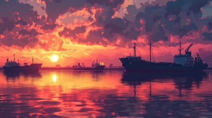 Obraz premium Sunset harbor cargo ships city skyline reflection