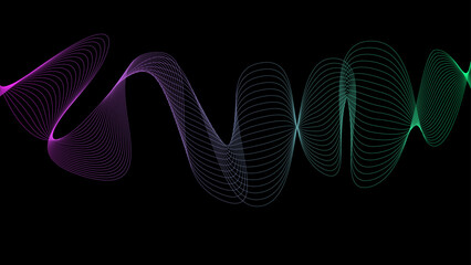 Vector curvy abstract line art wavy flowing dynamic colors black background in concept music or sound, wave, wind, information flow, white  © KjerstiML