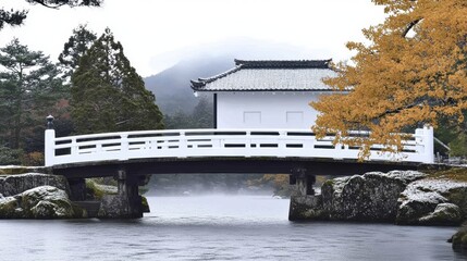 A serene bridge over a tranquil pond with autumn foliage.